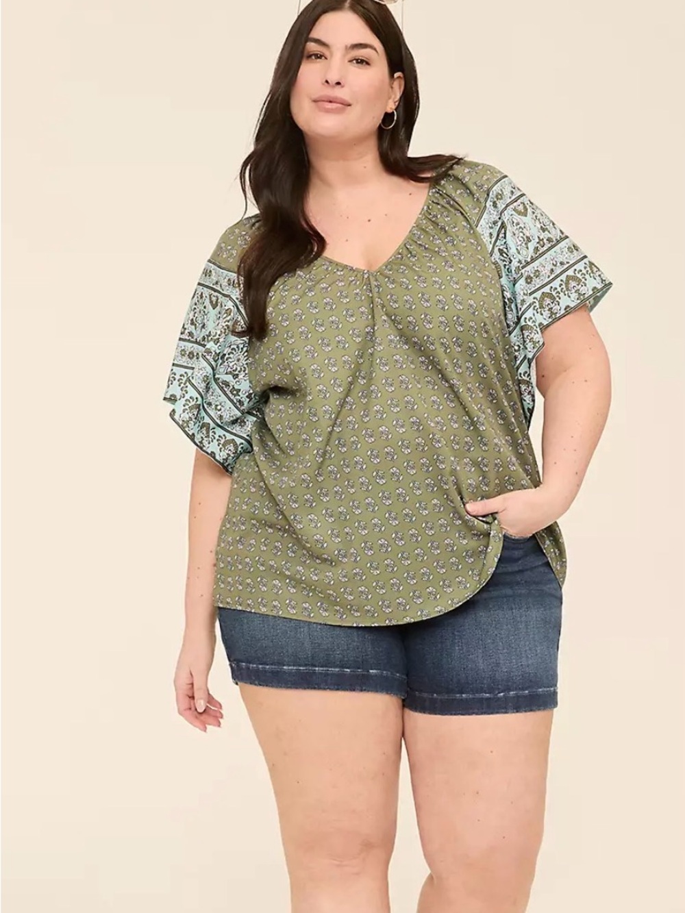 New Lane Bryant 14/16 green peasant flutter sleeve floral blouse boho chic